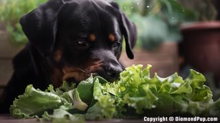 Photograph of a Playful Rottweiler Eating Lettuce