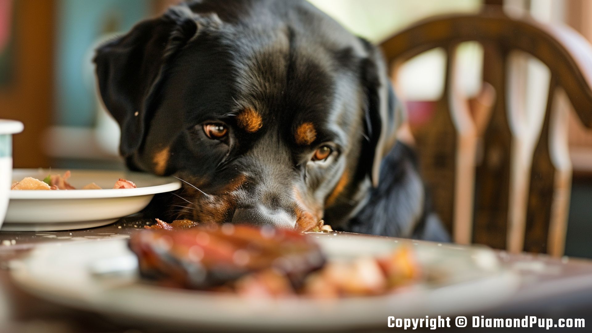 Photograph of a Playful Rottweiler Snacking on Bacon