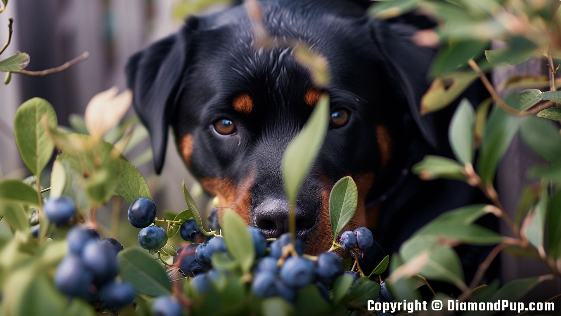 Photograph of a Playful Rottweiler Snacking on Blueberries