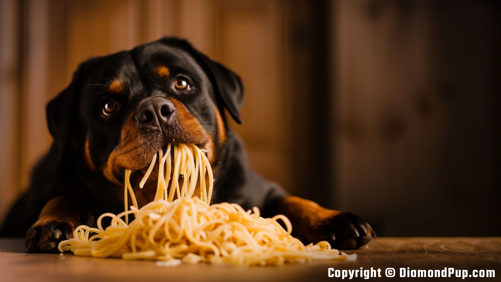 Photograph of a Playful Rottweiler Snacking on Pasta