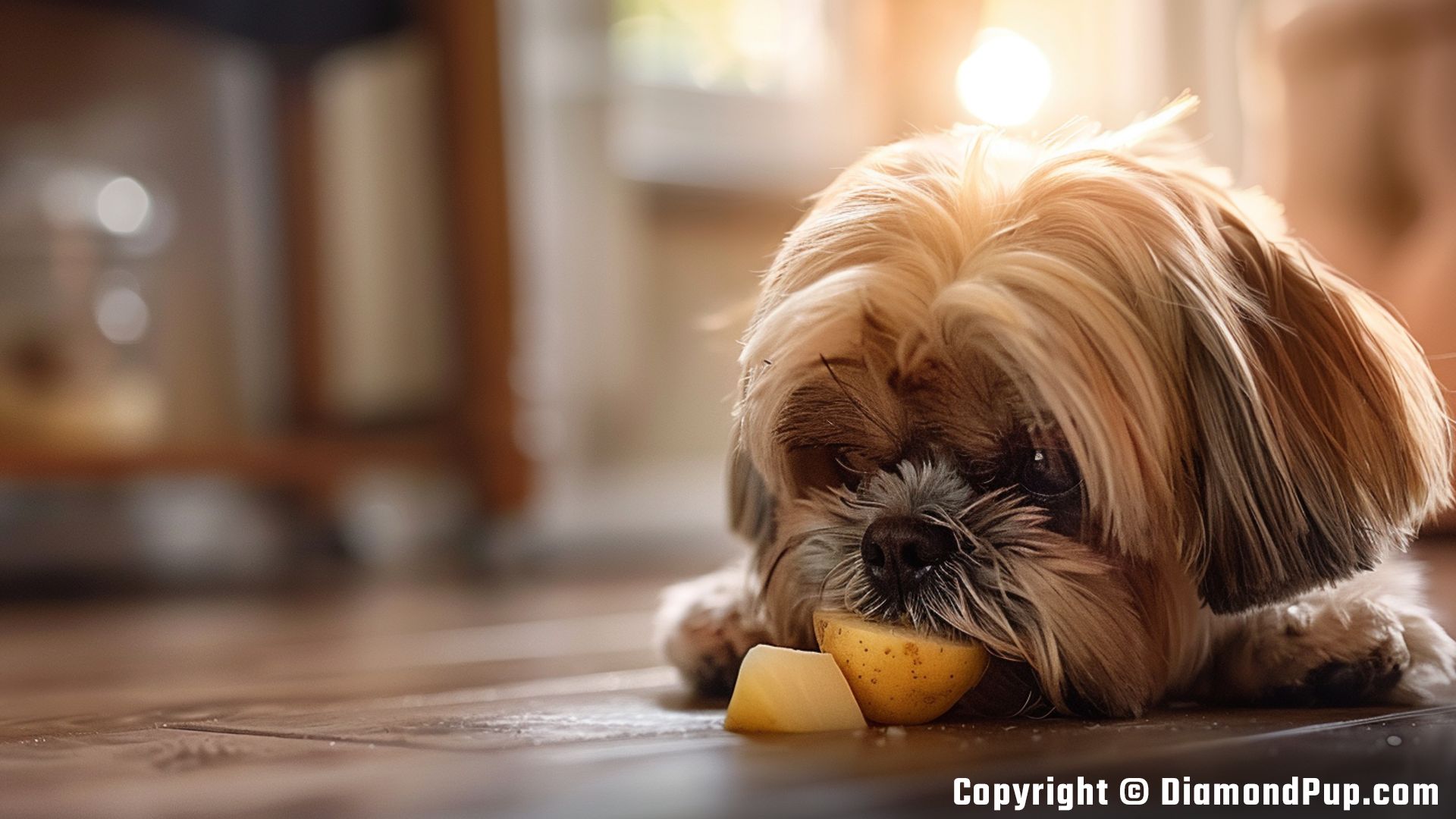Photograph of a Playful Shih Tzu Eating Potato