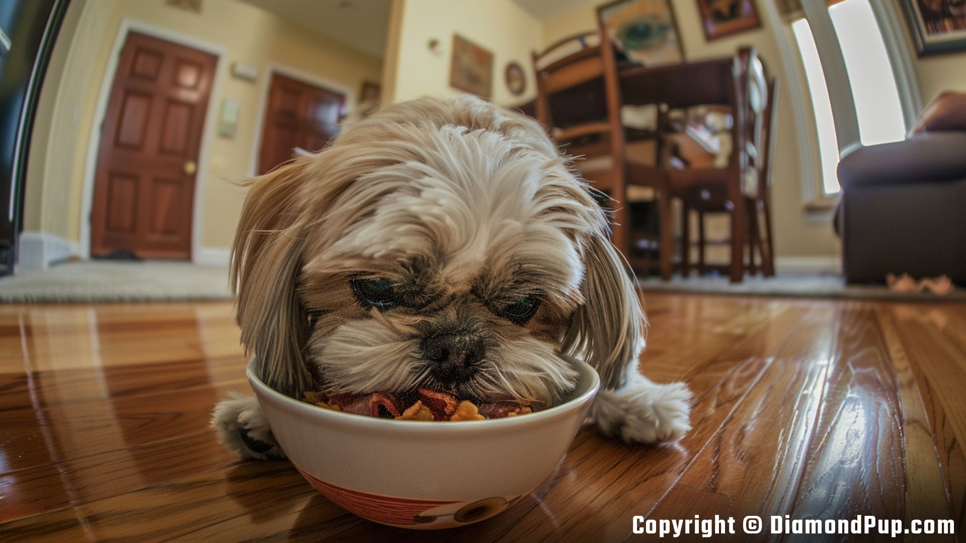 Photograph of a Playful Shih Tzu Snacking on Bacon