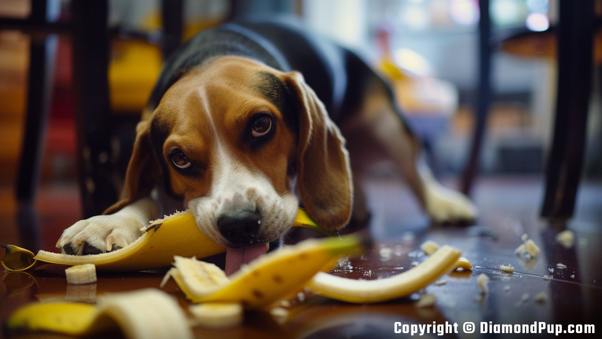 Photograph of an Adorable Beagle Snacking on Banana