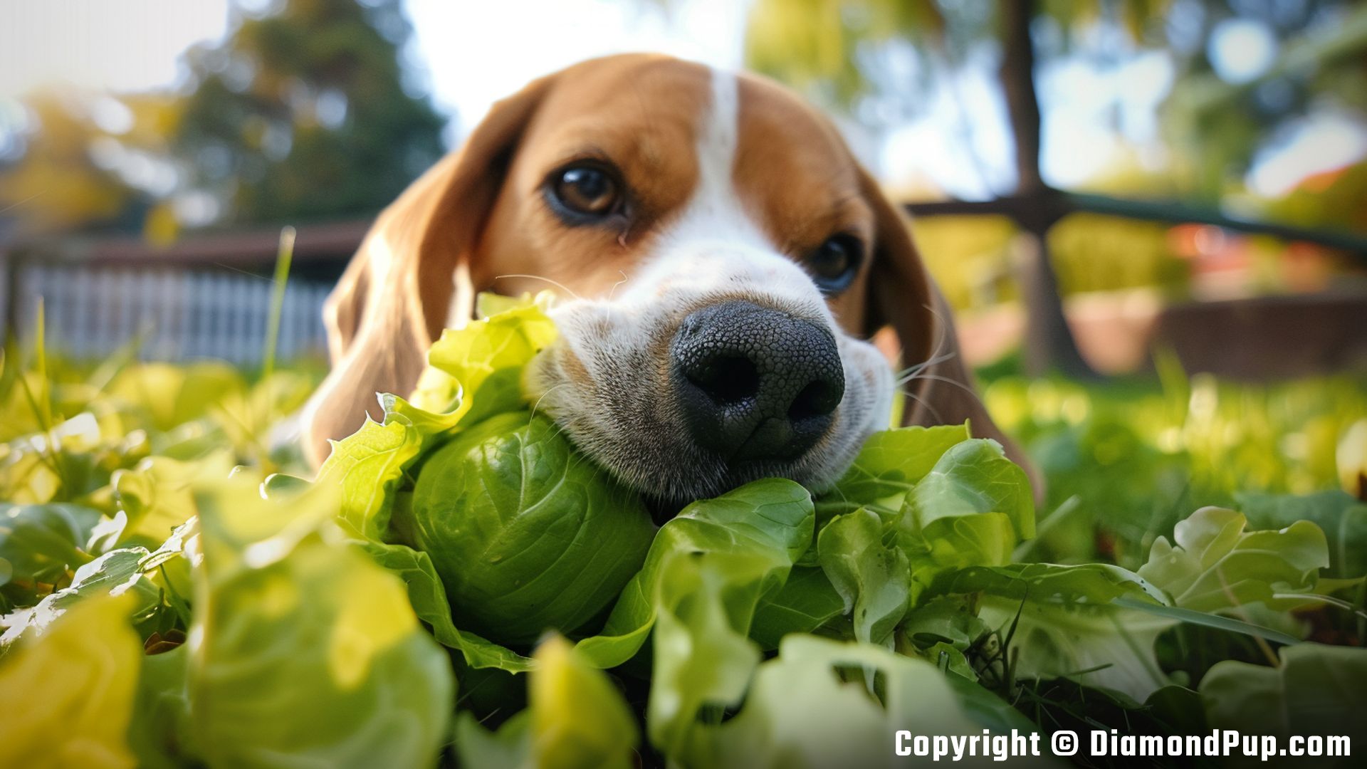 Photograph of an Adorable Beagle Snacking on Lettuce