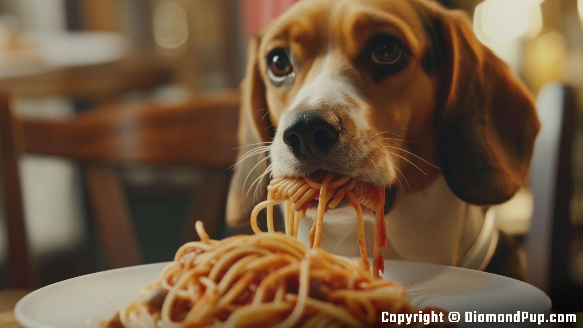 Photograph of an Adorable Beagle Snacking on Pasta
