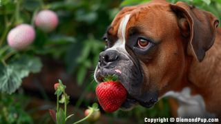 Photograph of an Adorable Boxer Eating Strawberries
