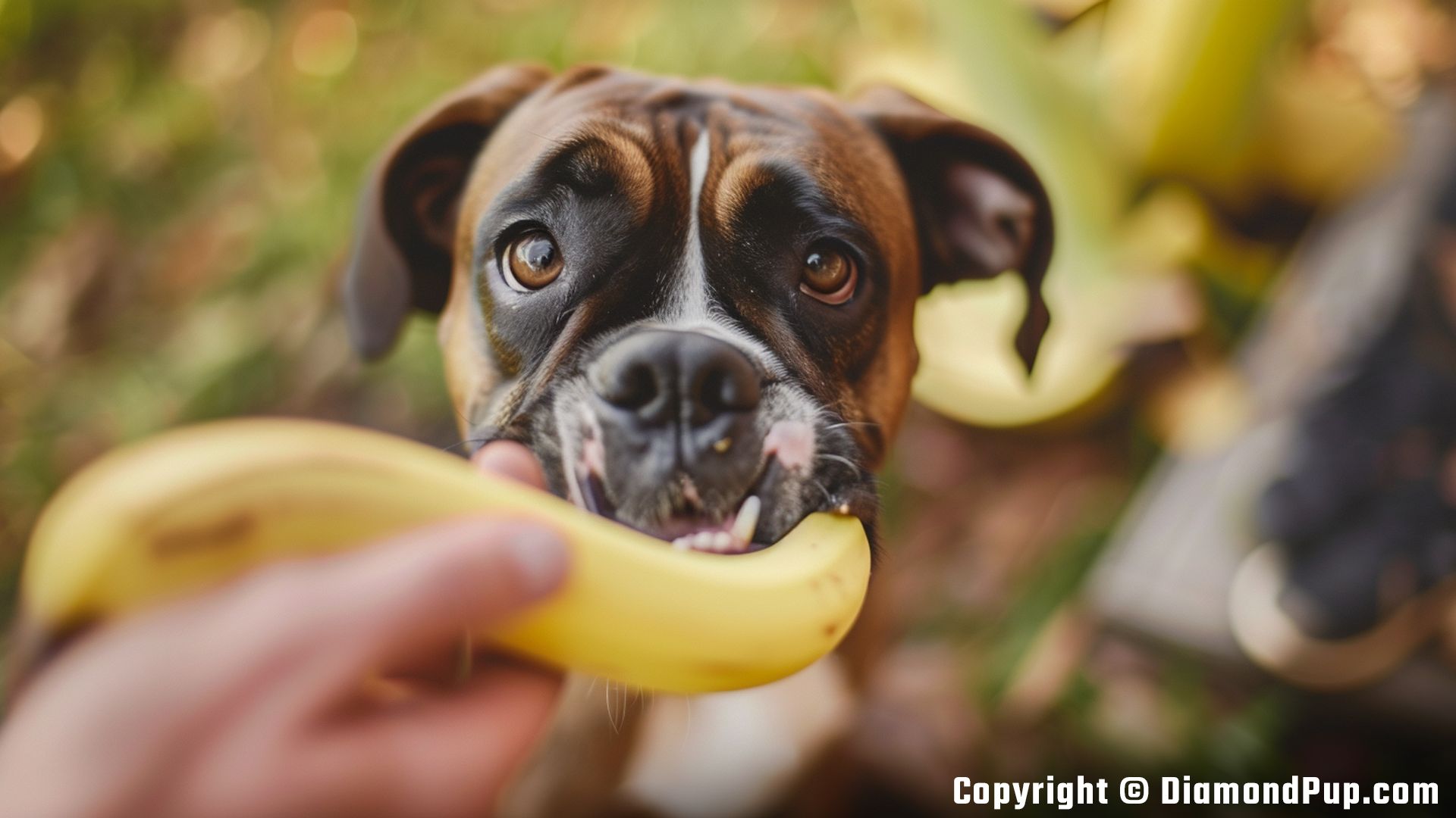 Photograph of an Adorable Boxer Snacking on Banana
