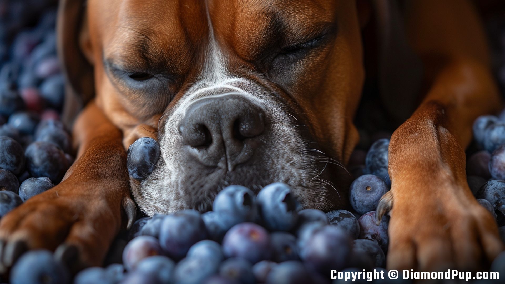 Photograph of an Adorable Boxer Snacking on Blueberries