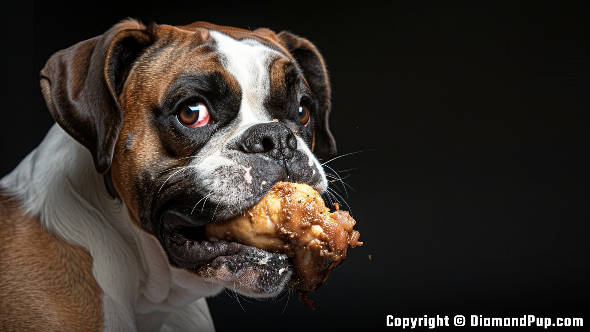 Photograph of an Adorable Boxer Snacking on Chicken