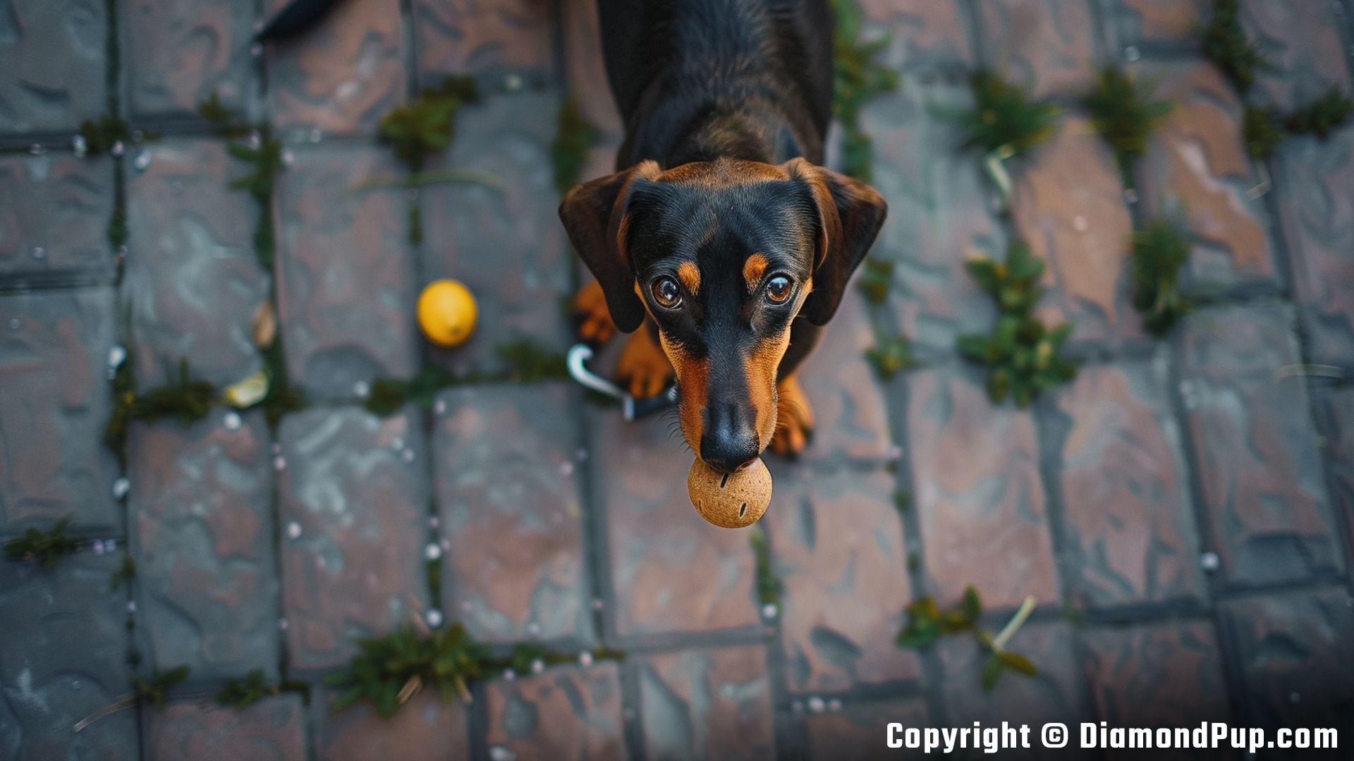 Photograph of an Adorable Dachshund Snacking on Chicken