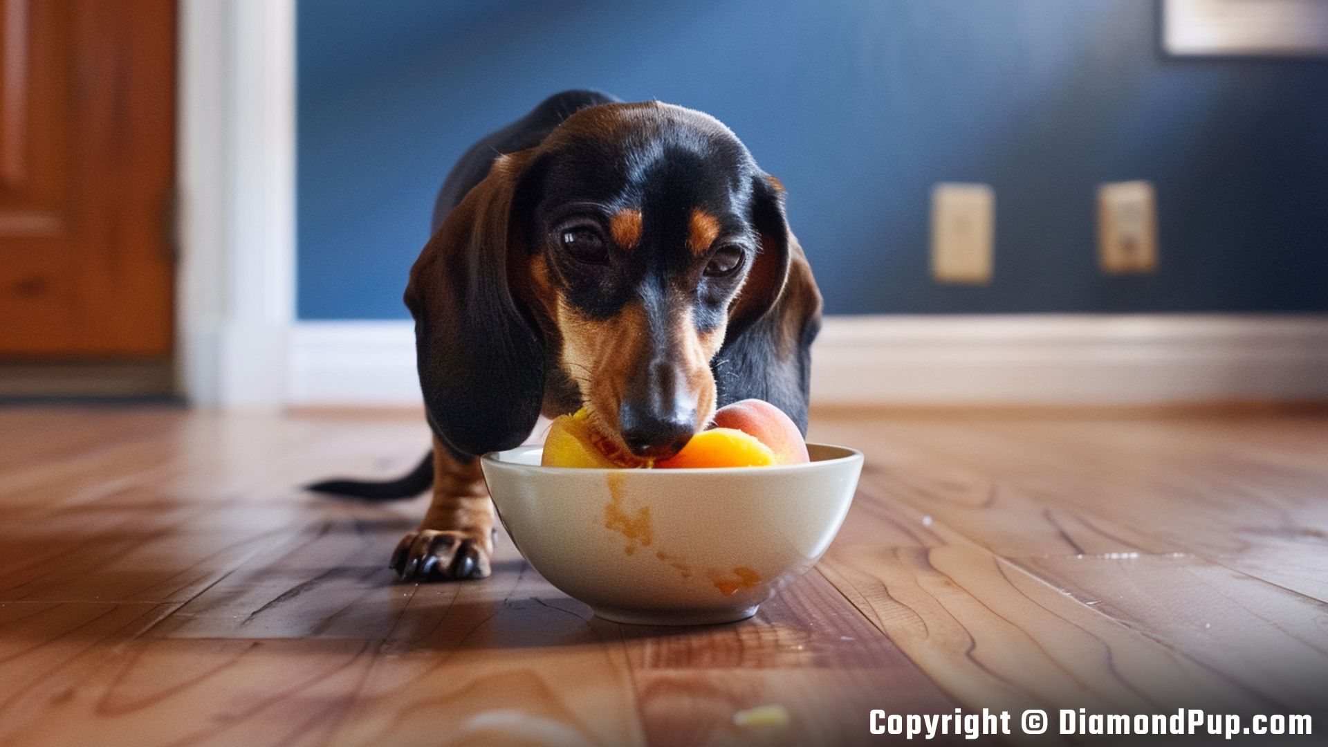 Photograph of an Adorable Dachshund Snacking on Peaches