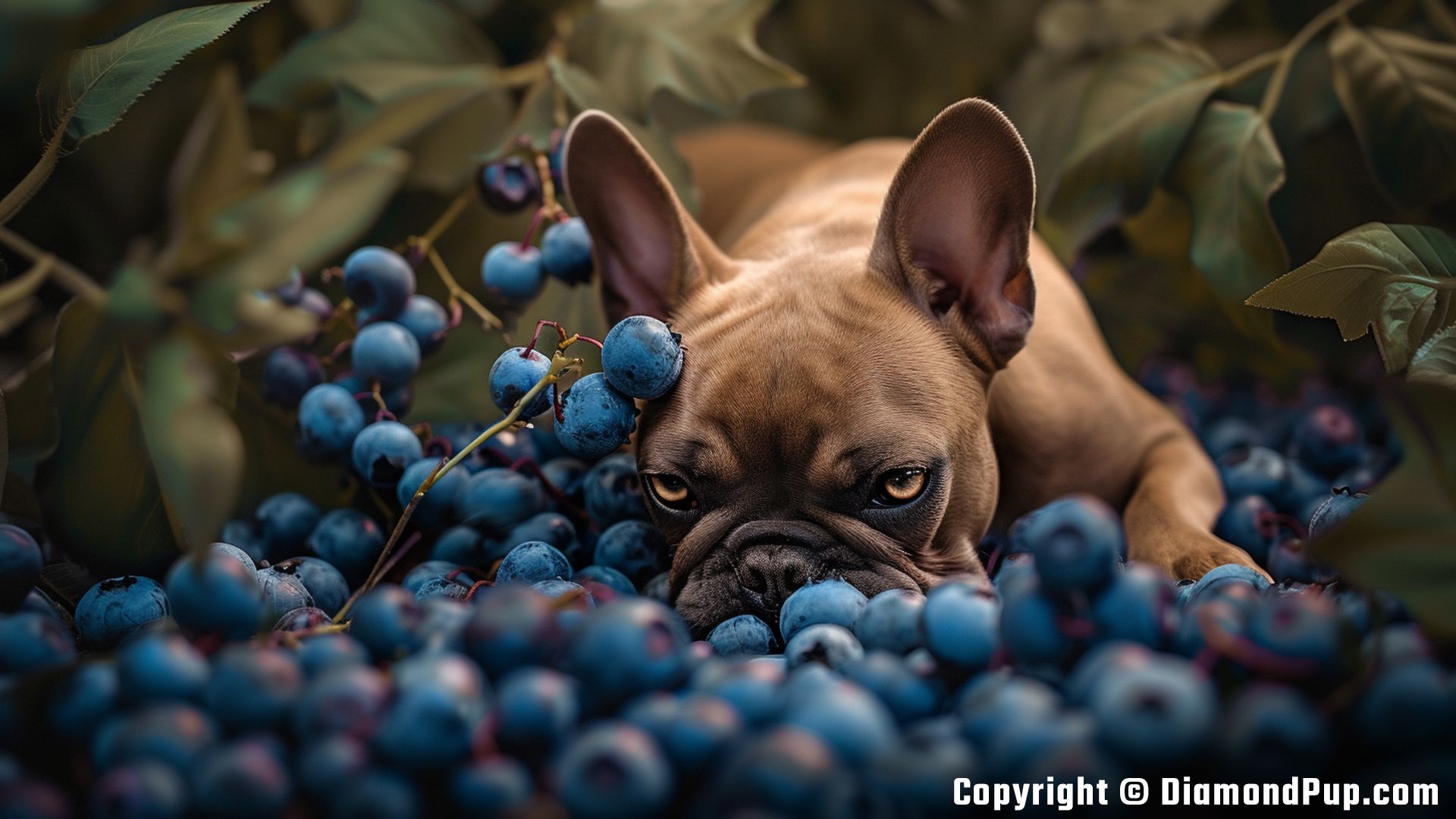 Photograph of an Adorable French Bulldog Eating Blueberries