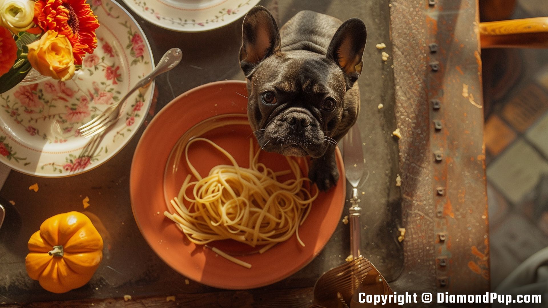 Photograph of an Adorable French Bulldog Eating Pasta