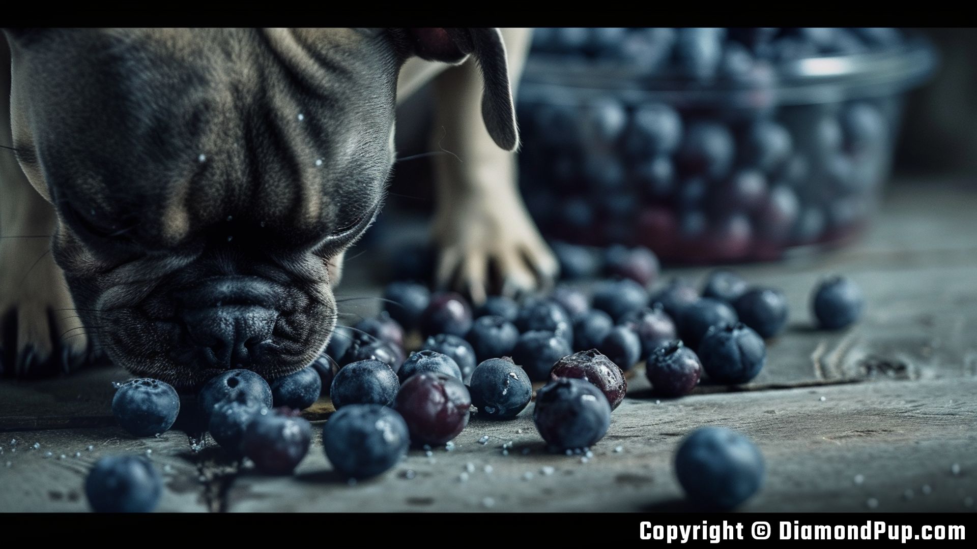 Photograph of an Adorable French Bulldog Snacking on Blueberries