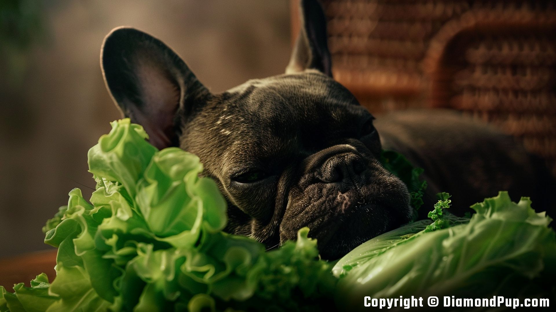 Photograph of an Adorable French Bulldog Snacking on Lettuce