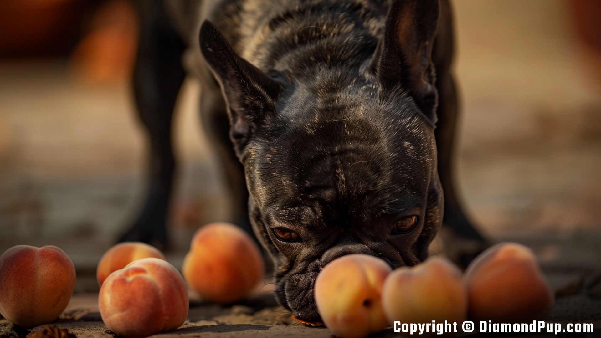 Photograph of an Adorable French Bulldog Snacking on Peaches