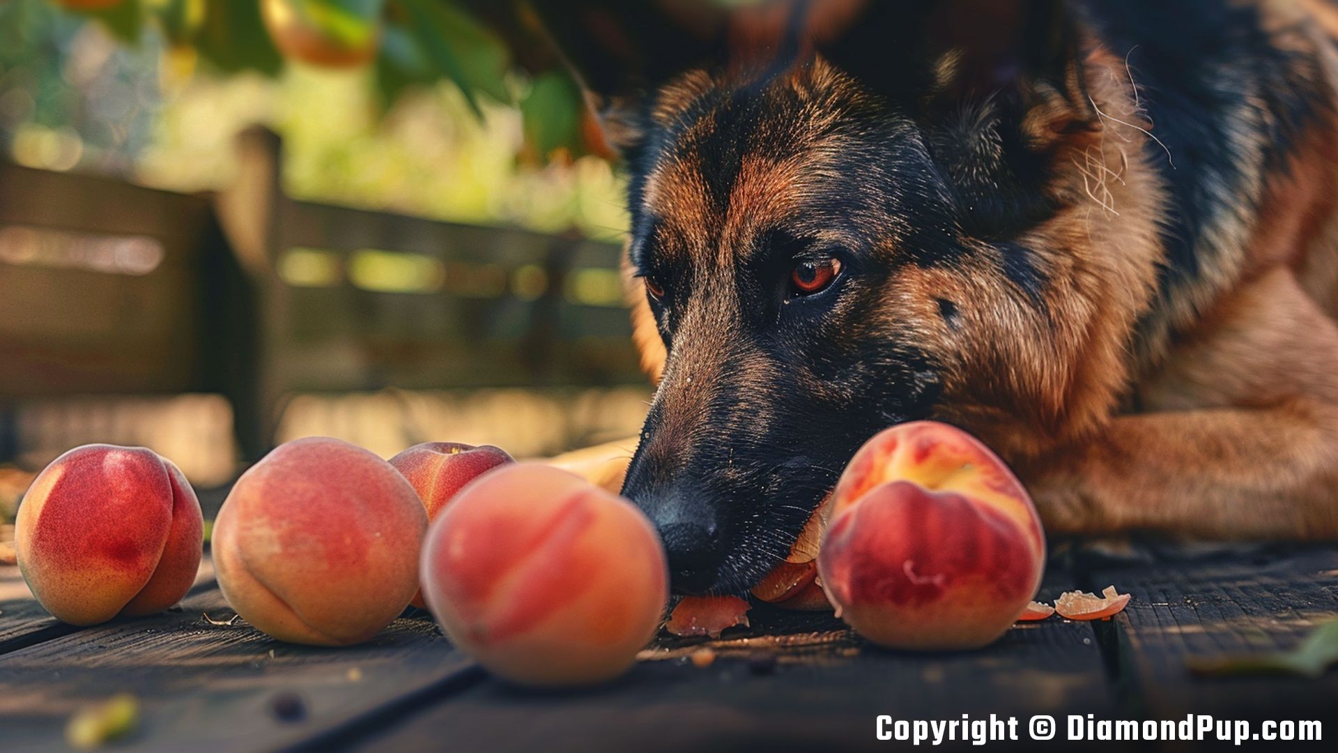 Photograph of an Adorable German Shepherd Snacking on Peaches