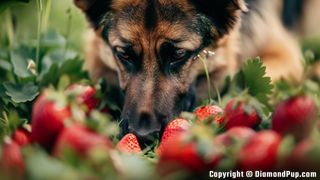 Photograph of an Adorable German Shepherd Snacking on Strawberries