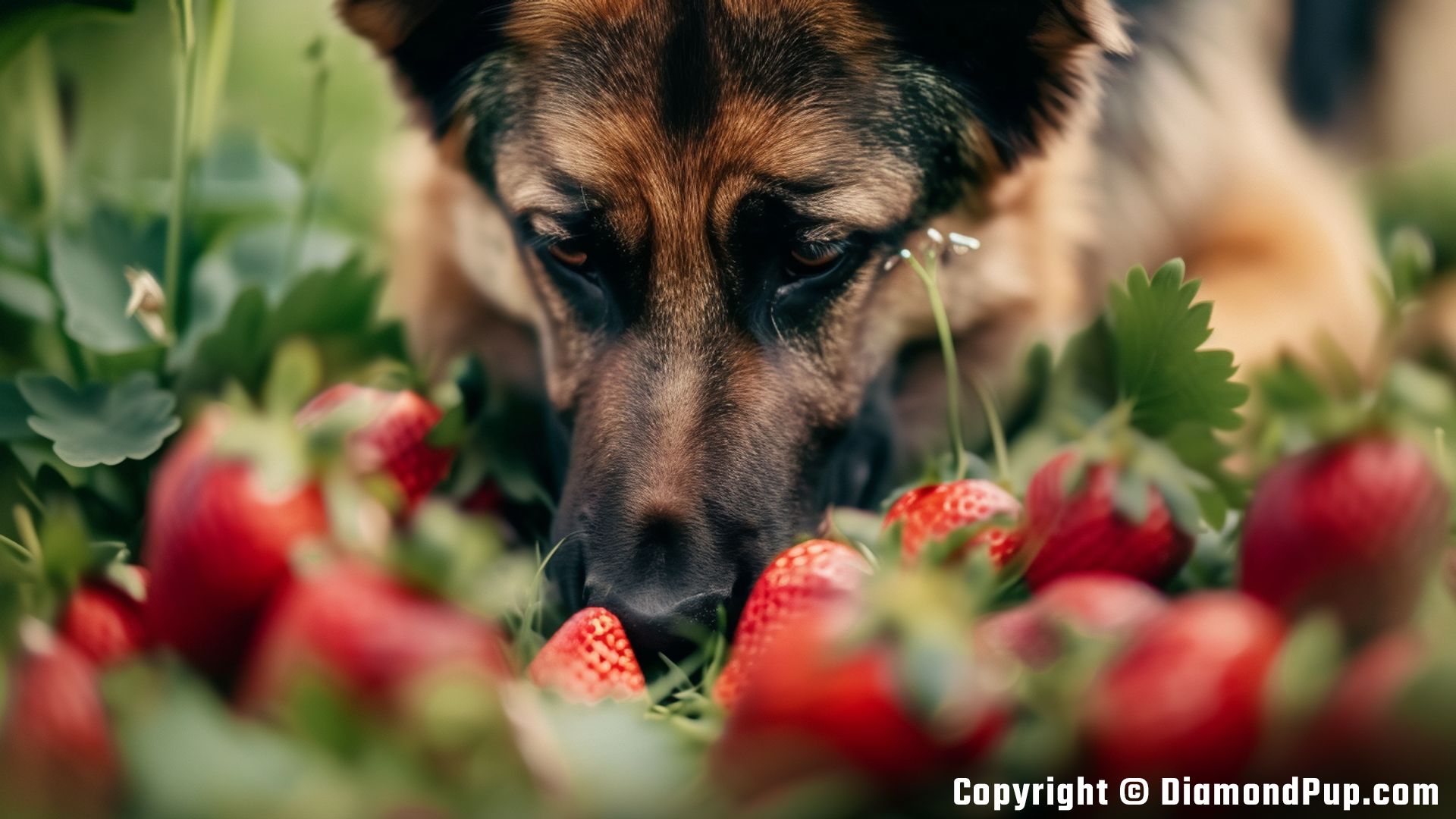 Photograph of an Adorable German Shepherd Snacking on Strawberries