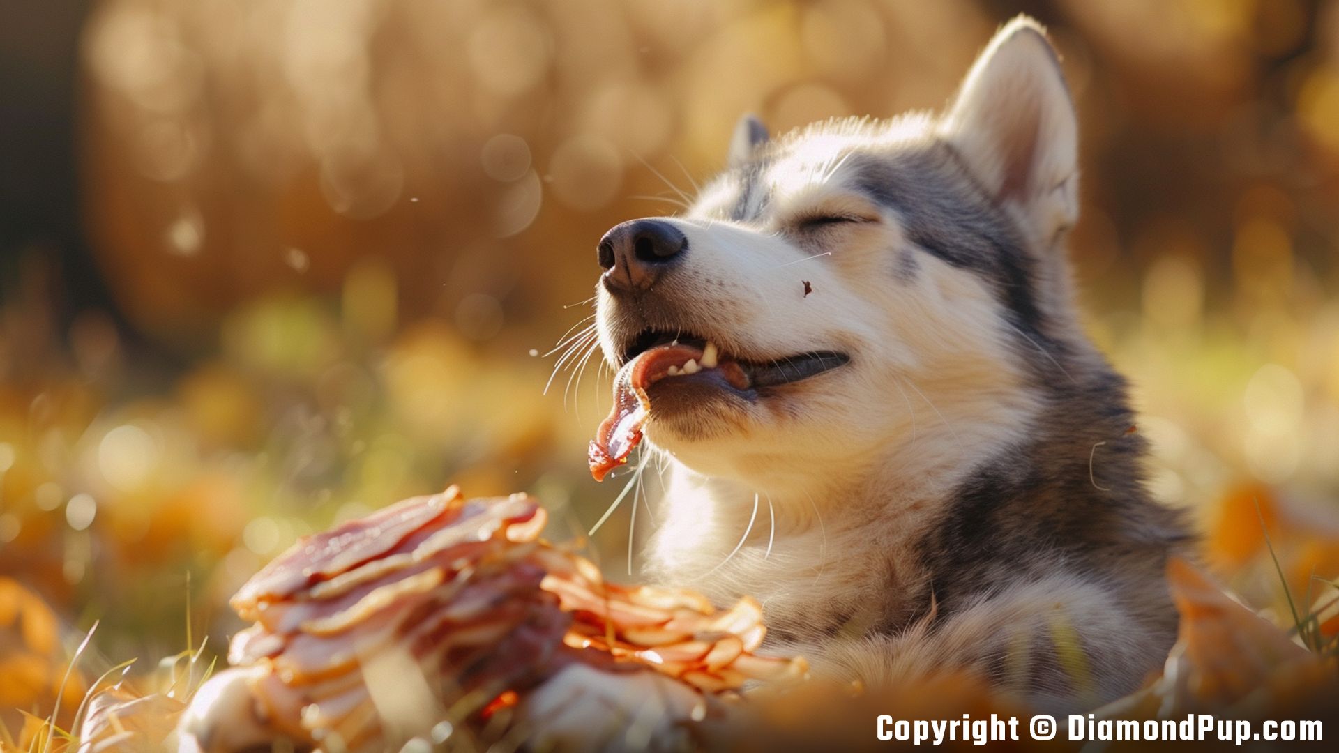 Photograph of an Adorable Husky Eating Bacon