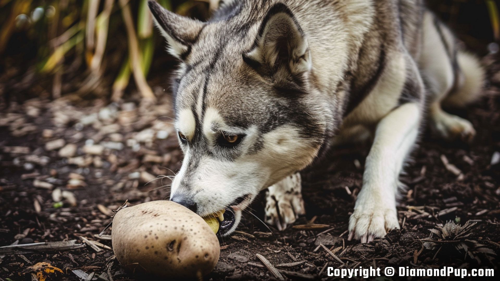 Photograph of an Adorable Husky Eating Potato