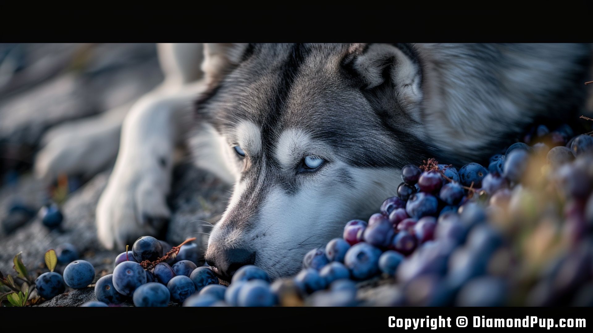 Photograph of an Adorable Husky Snacking on Blueberries