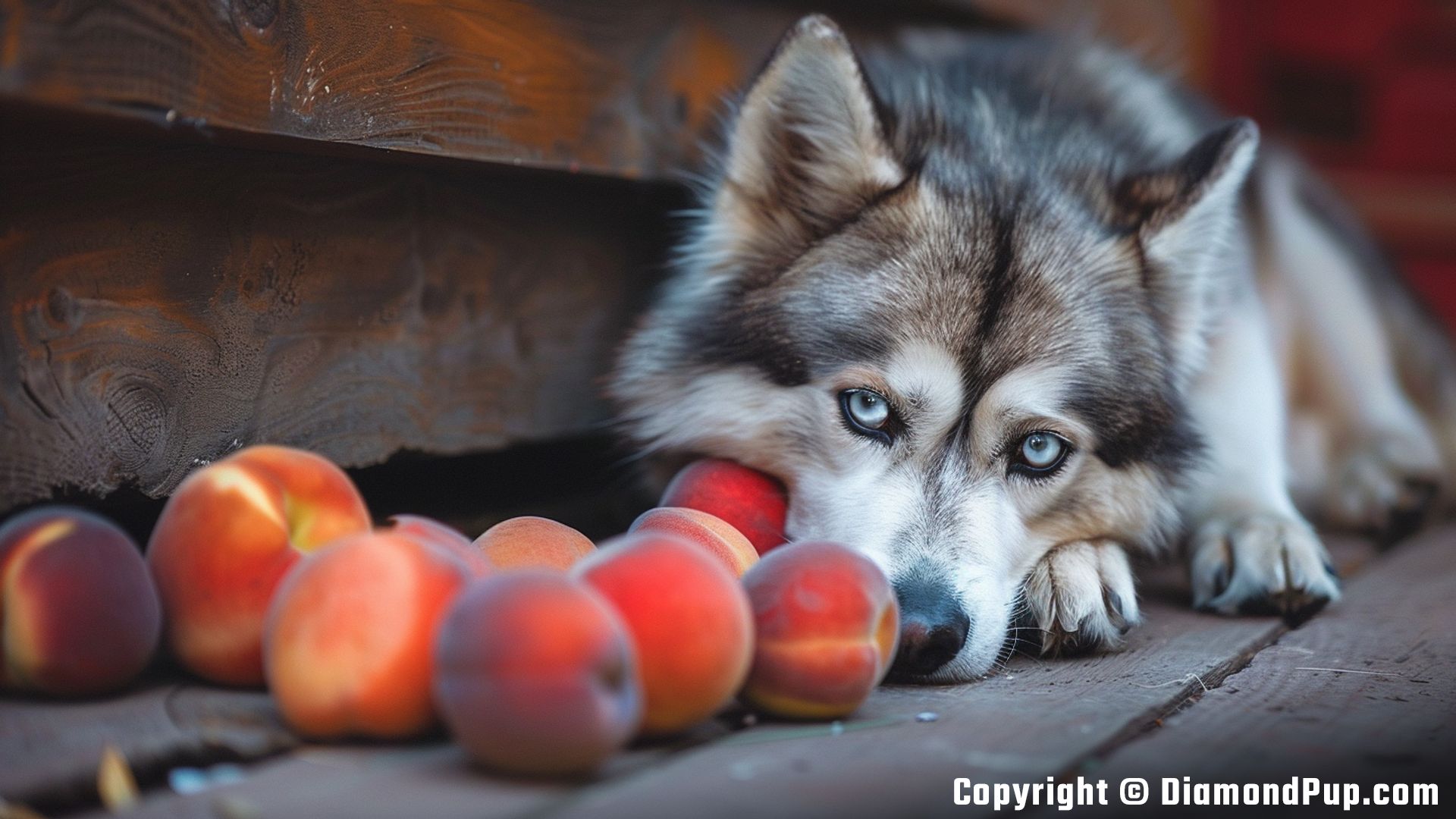 Photograph of an Adorable Husky Snacking on Peaches