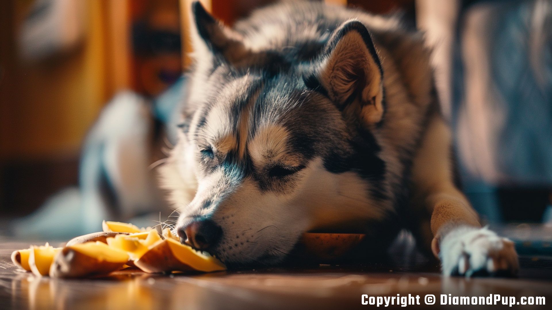 Photograph of an Adorable Husky Snacking on Potato