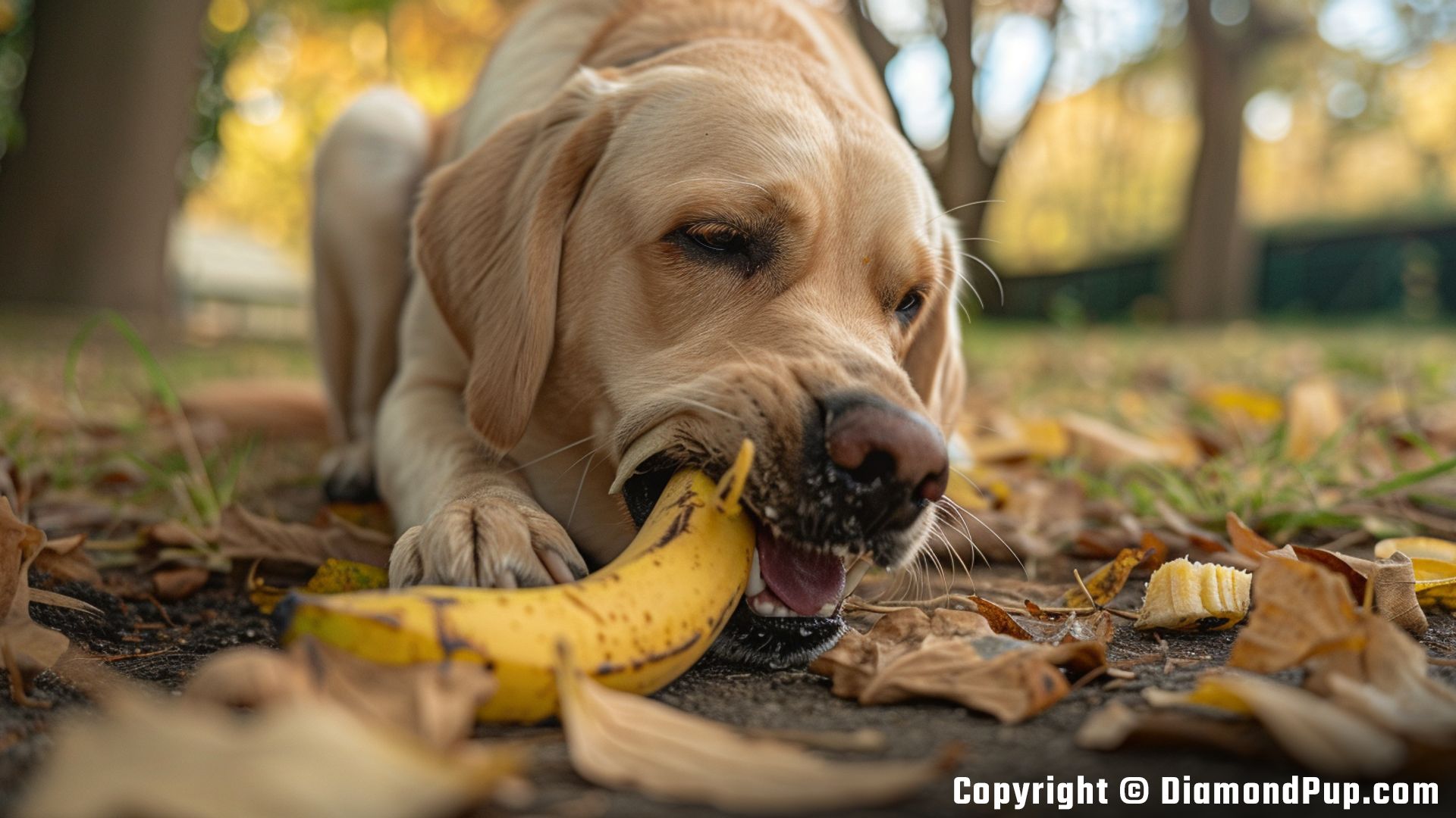 Photograph of an Adorable Labrador Eating Banana