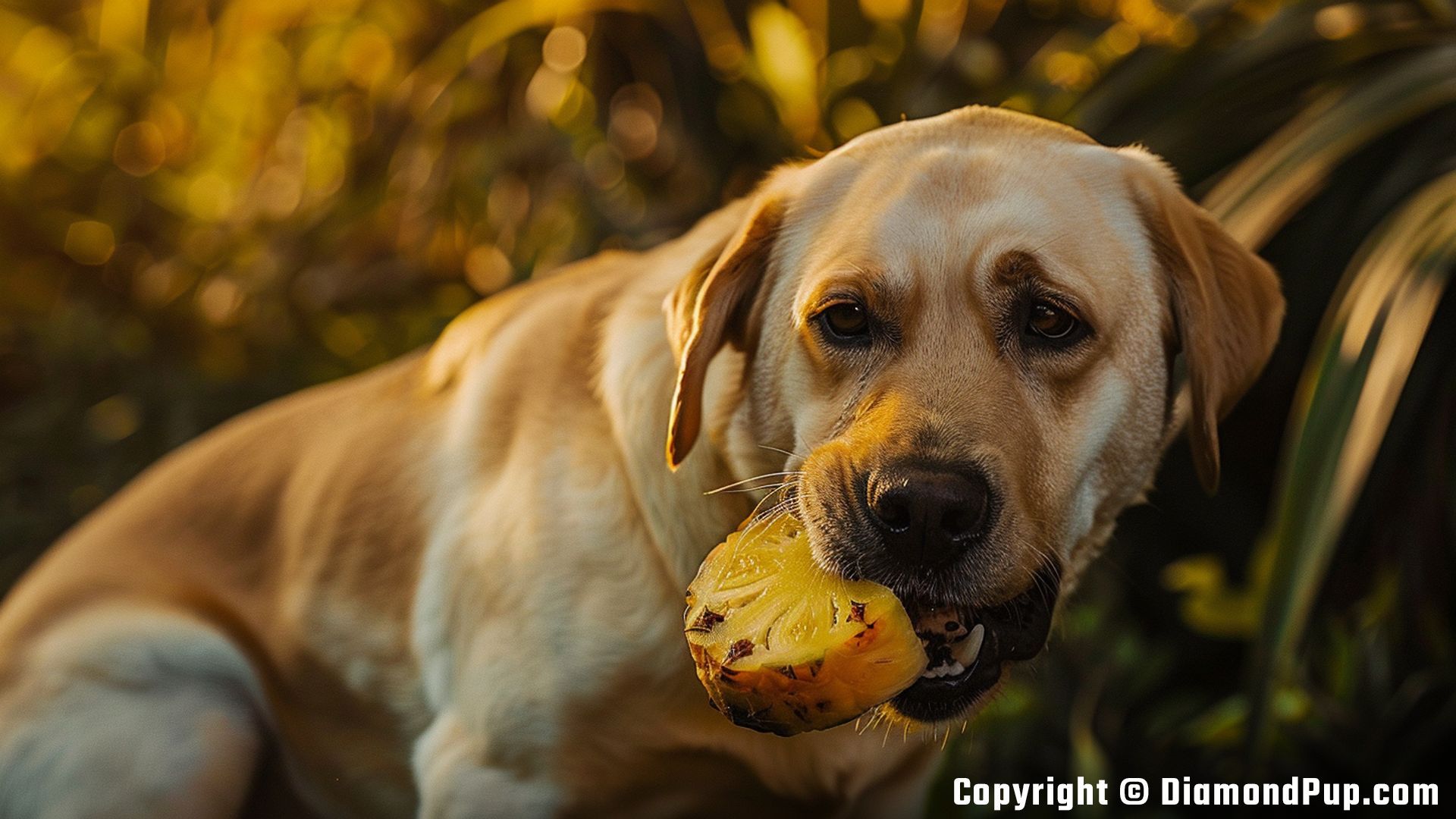 Photograph of an Adorable Labrador Eating Pineapple