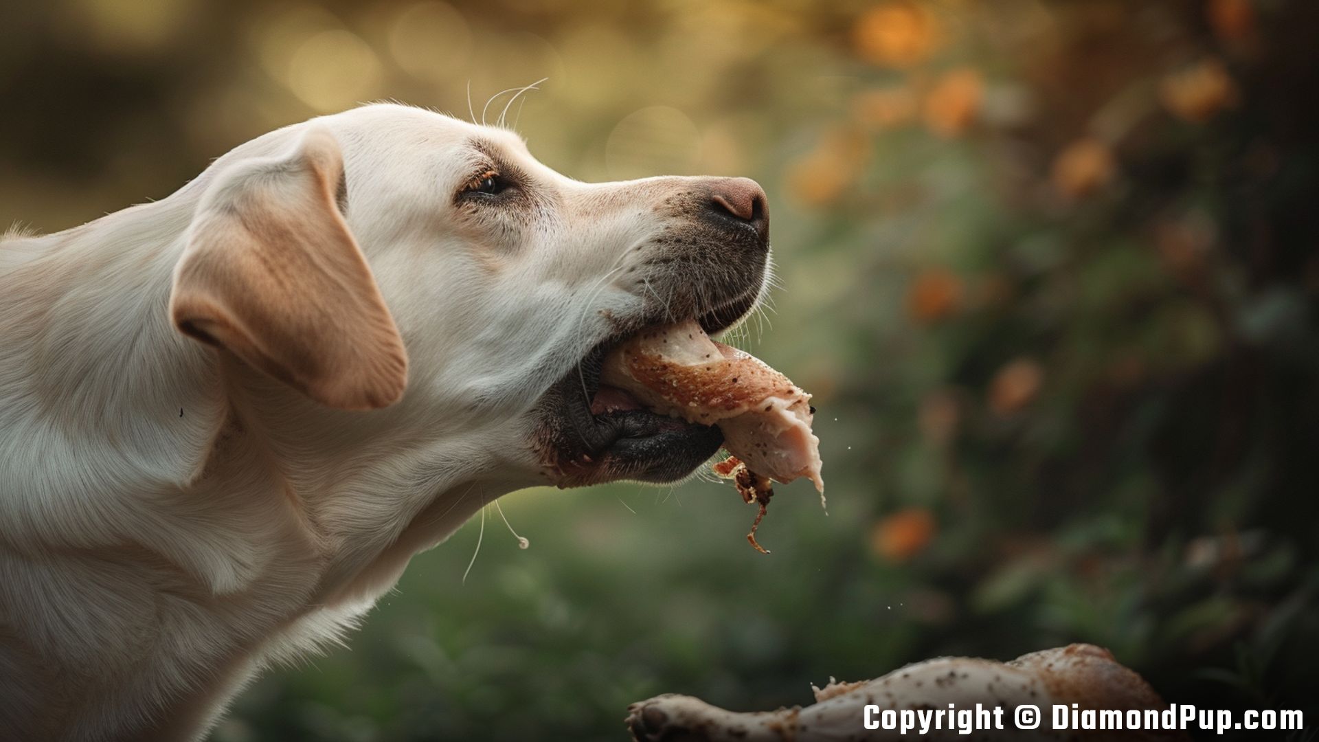 Photograph of an Adorable Labrador Snacking on Chicken