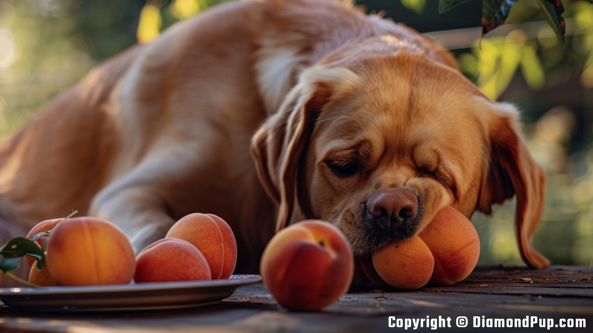 Photograph of an Adorable Labrador Snacking on Peaches