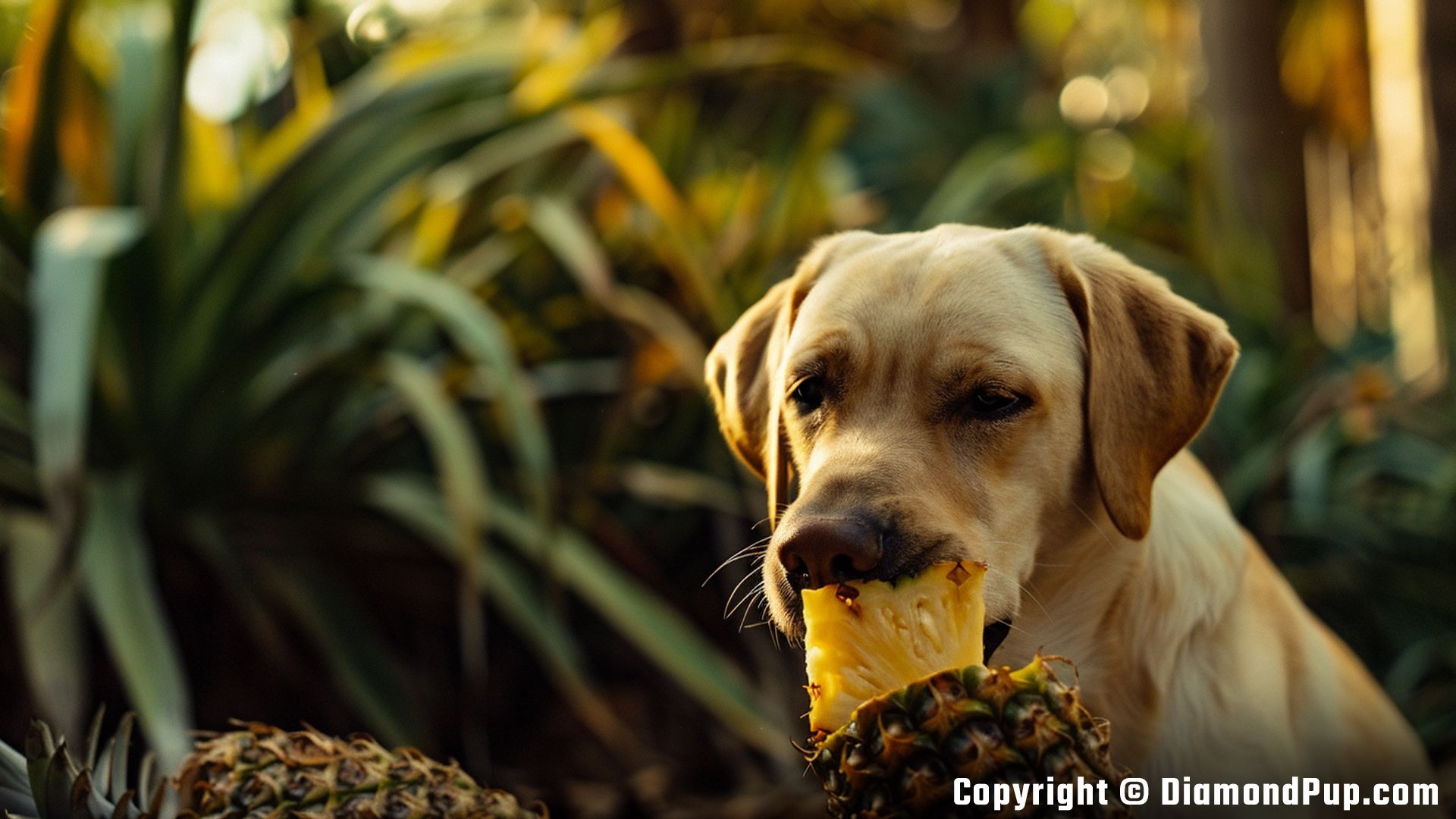 Photograph of an Adorable Labrador Snacking on Pineapple