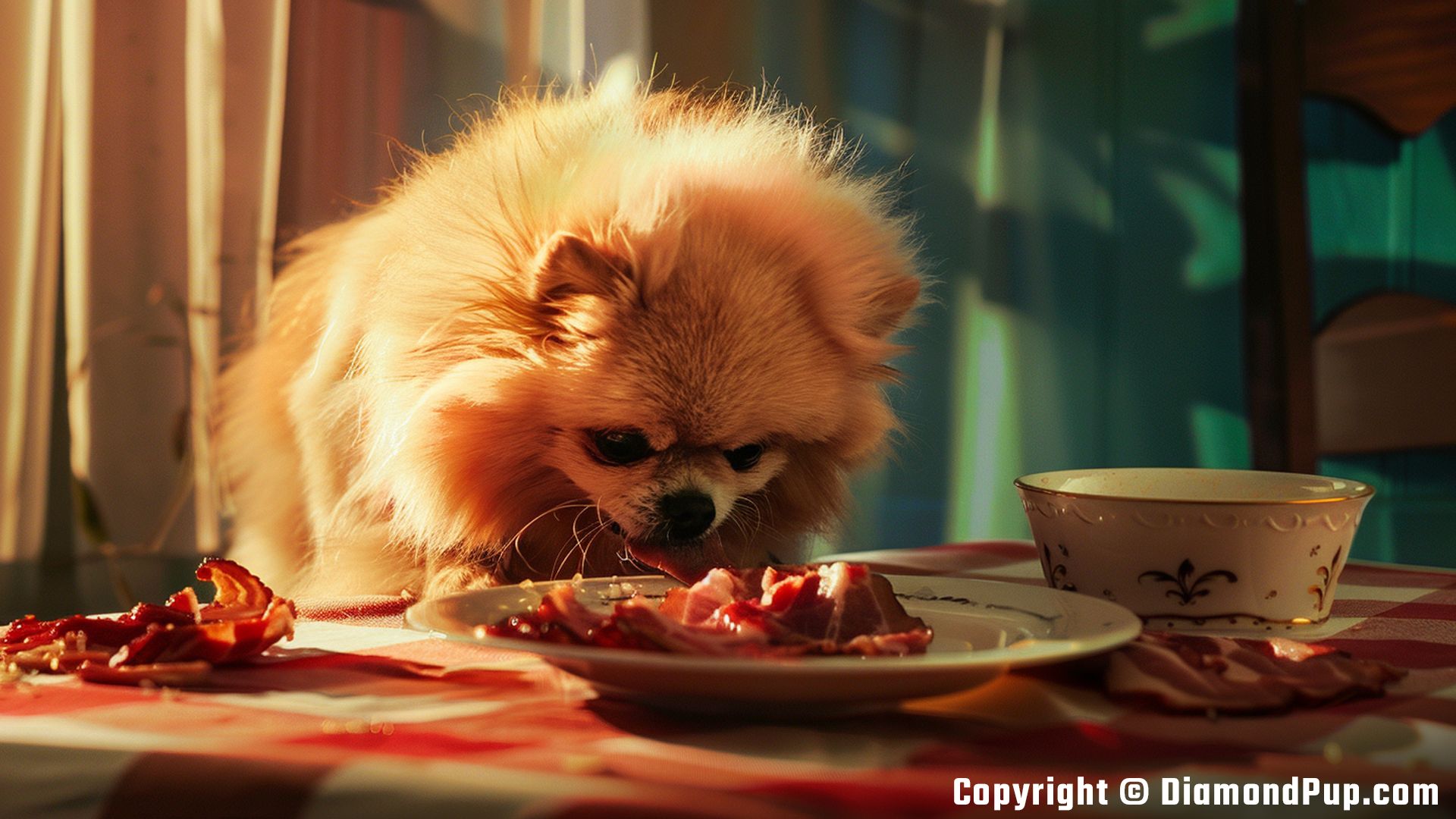 Photograph of an Adorable Pomeranian Eating Bacon