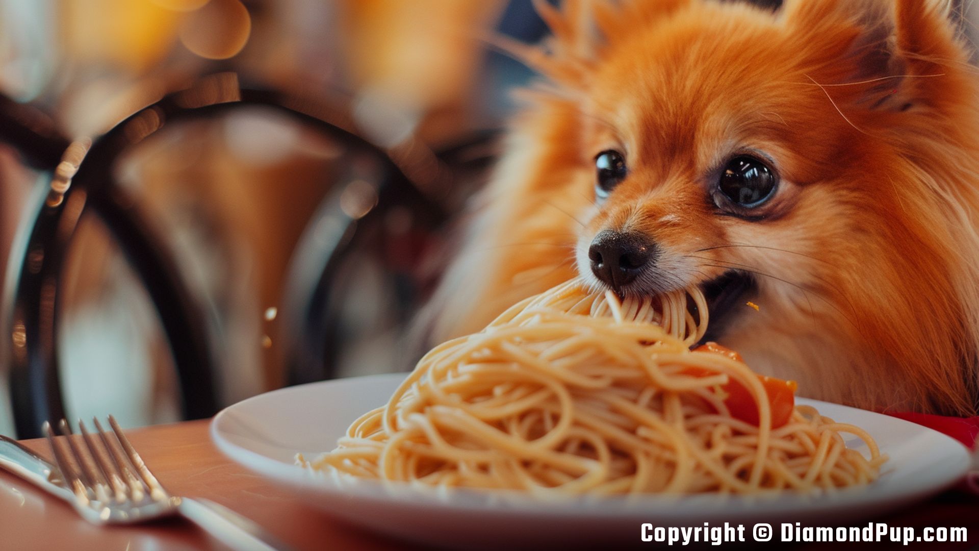 Photograph of an Adorable Pomeranian Eating Pasta