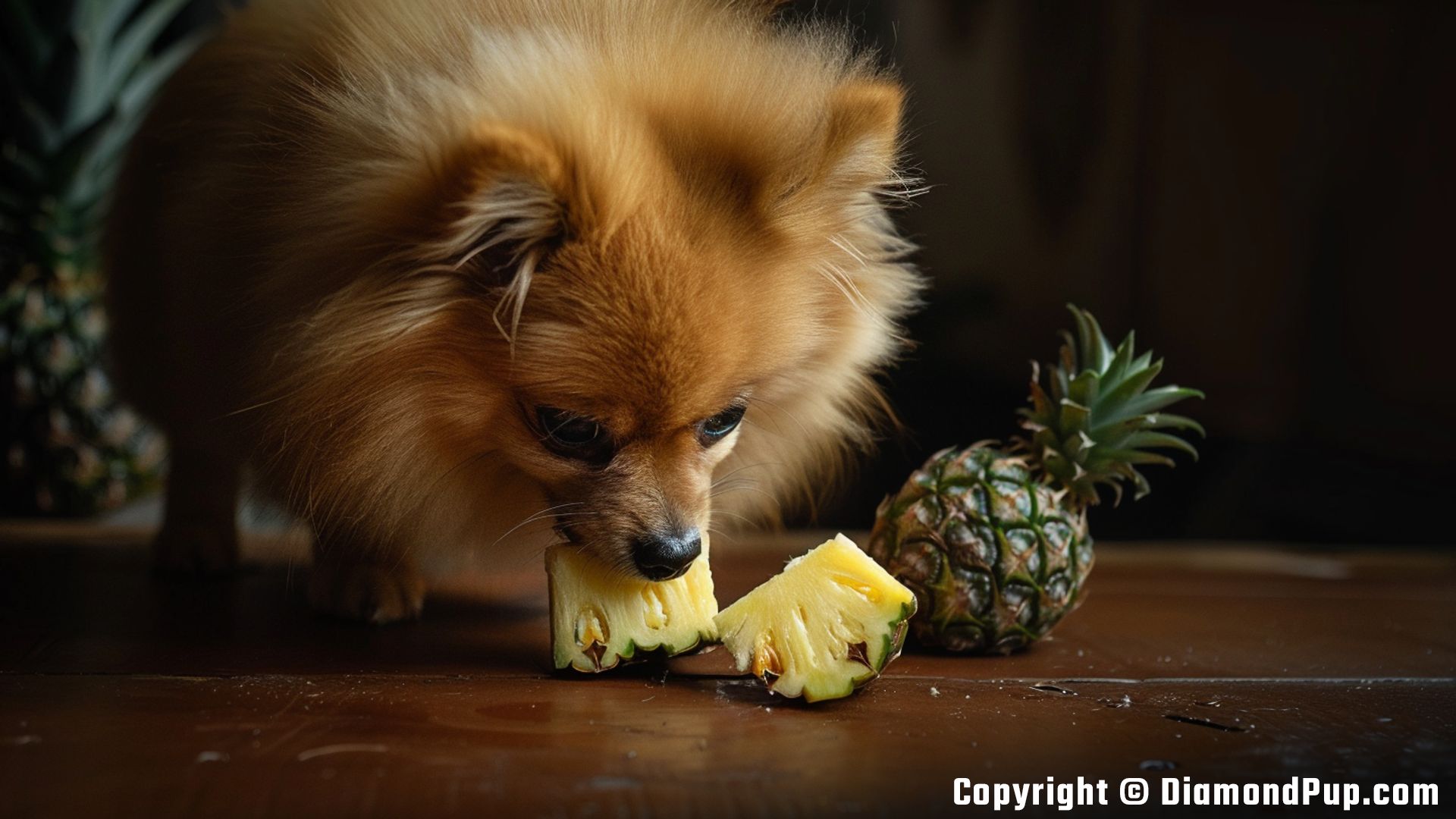 Photograph of an Adorable Pomeranian Eating Pineapple
