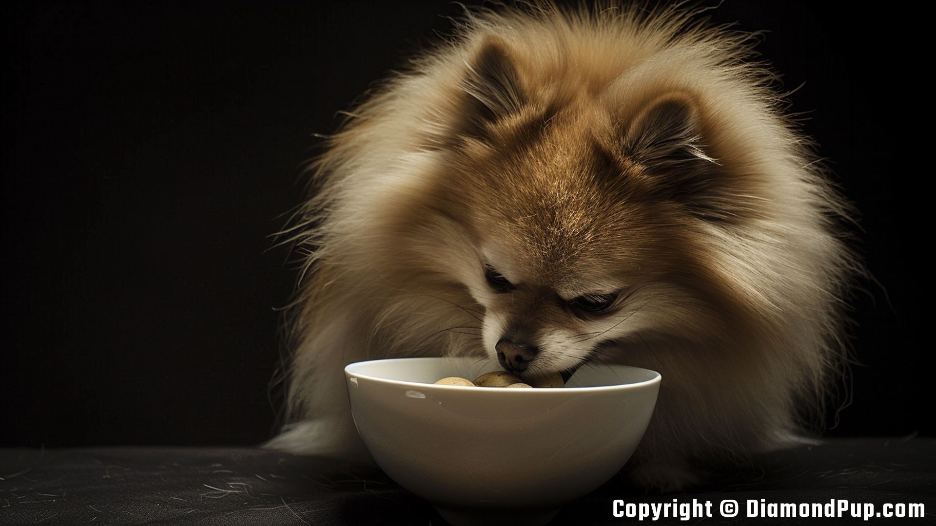 Photograph of an Adorable Pomeranian Eating Potato