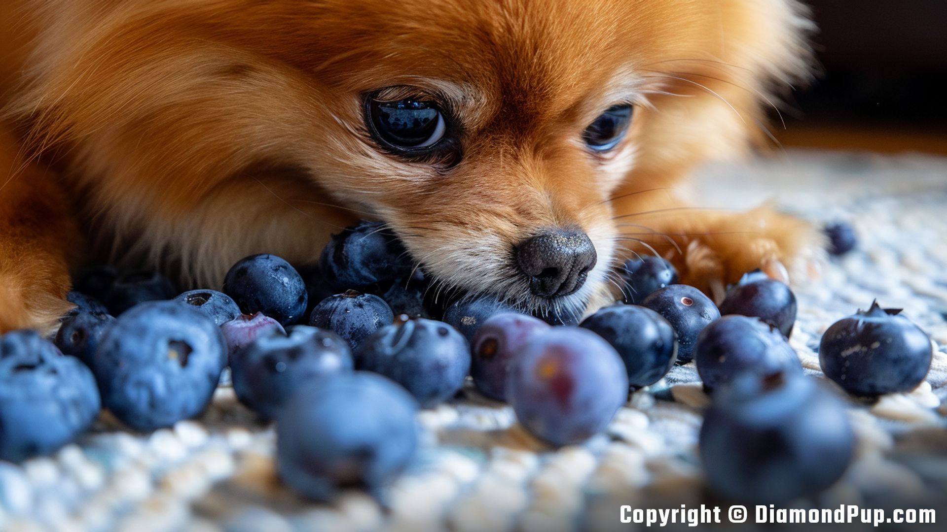 Photograph of an Adorable Pomeranian Snacking on Blueberries