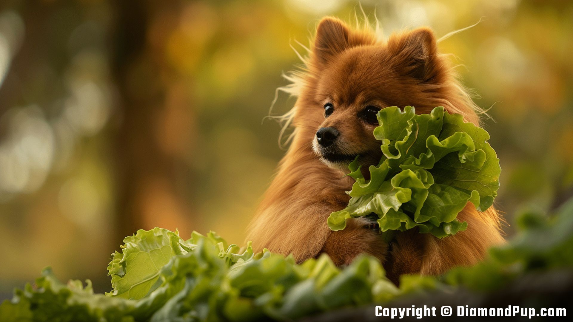 Photograph of an Adorable Pomeranian Snacking on Lettuce