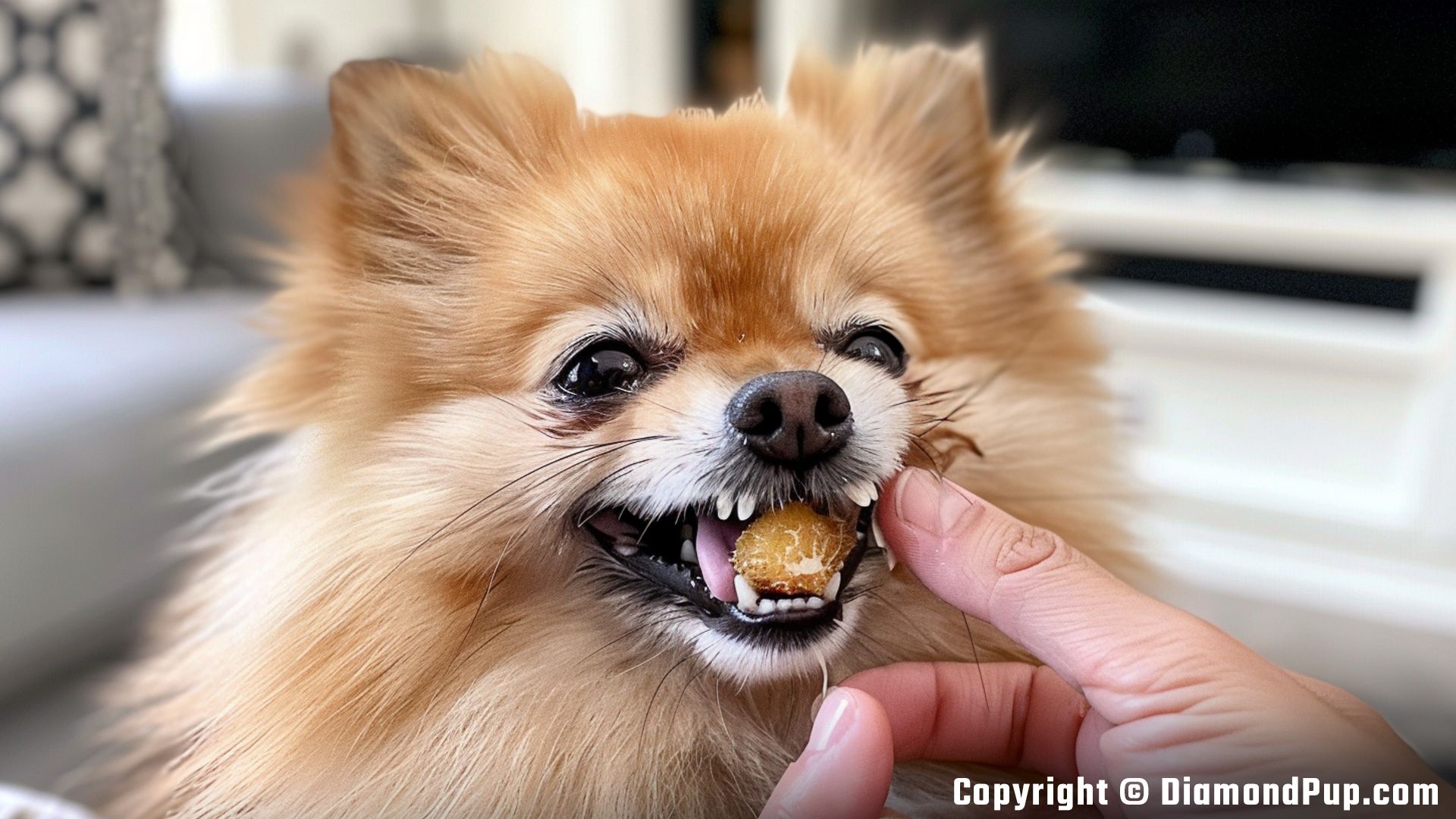 Photograph of an Adorable Pomeranian Snacking on Peaches