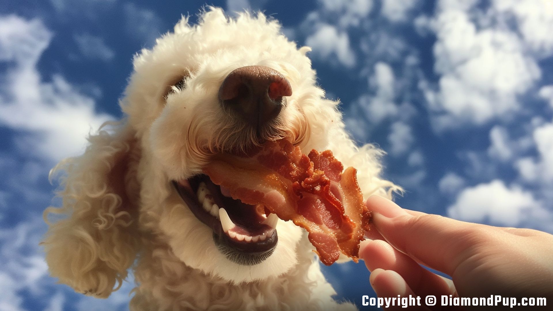 Photograph of an Adorable Poodle Eating Bacon
