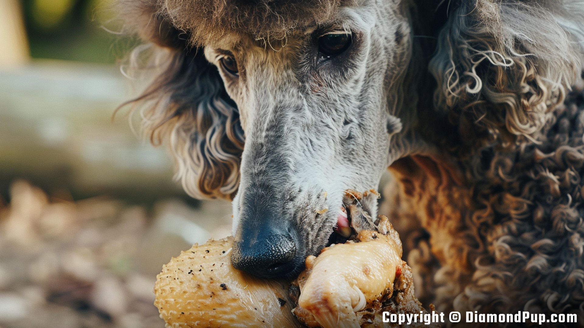 Photograph of an Adorable Poodle Eating Chicken
