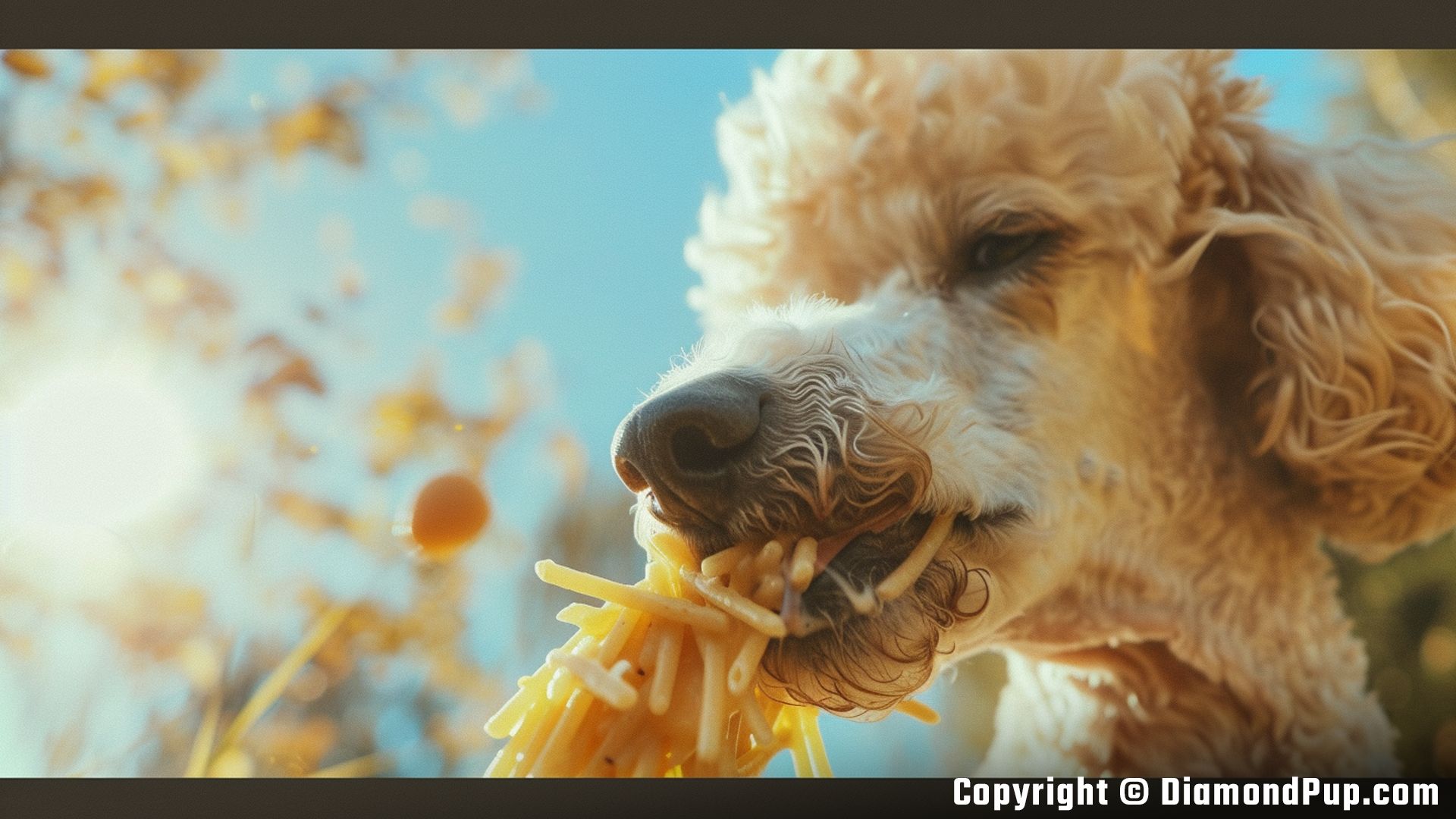 Photograph of an Adorable Poodle Eating Pasta