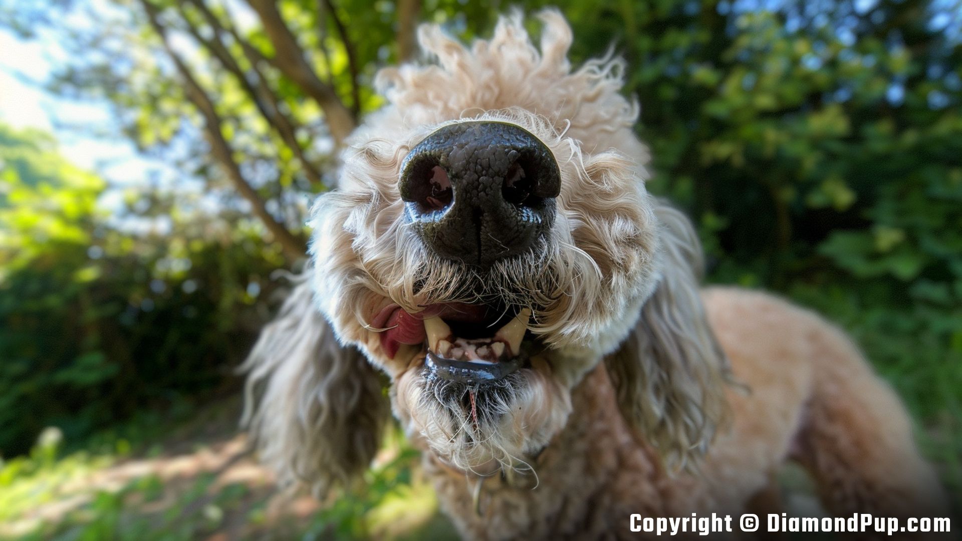 Photograph of an Adorable Poodle Eating Peaches