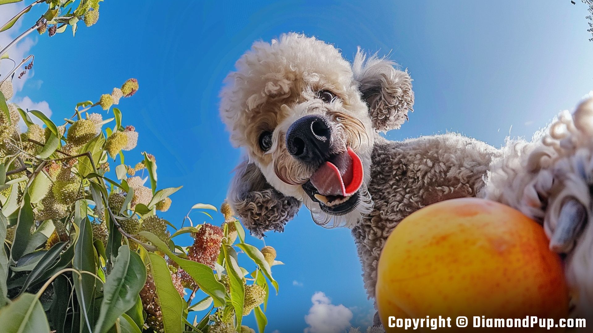 Photograph of an Adorable Poodle Snacking on Peaches