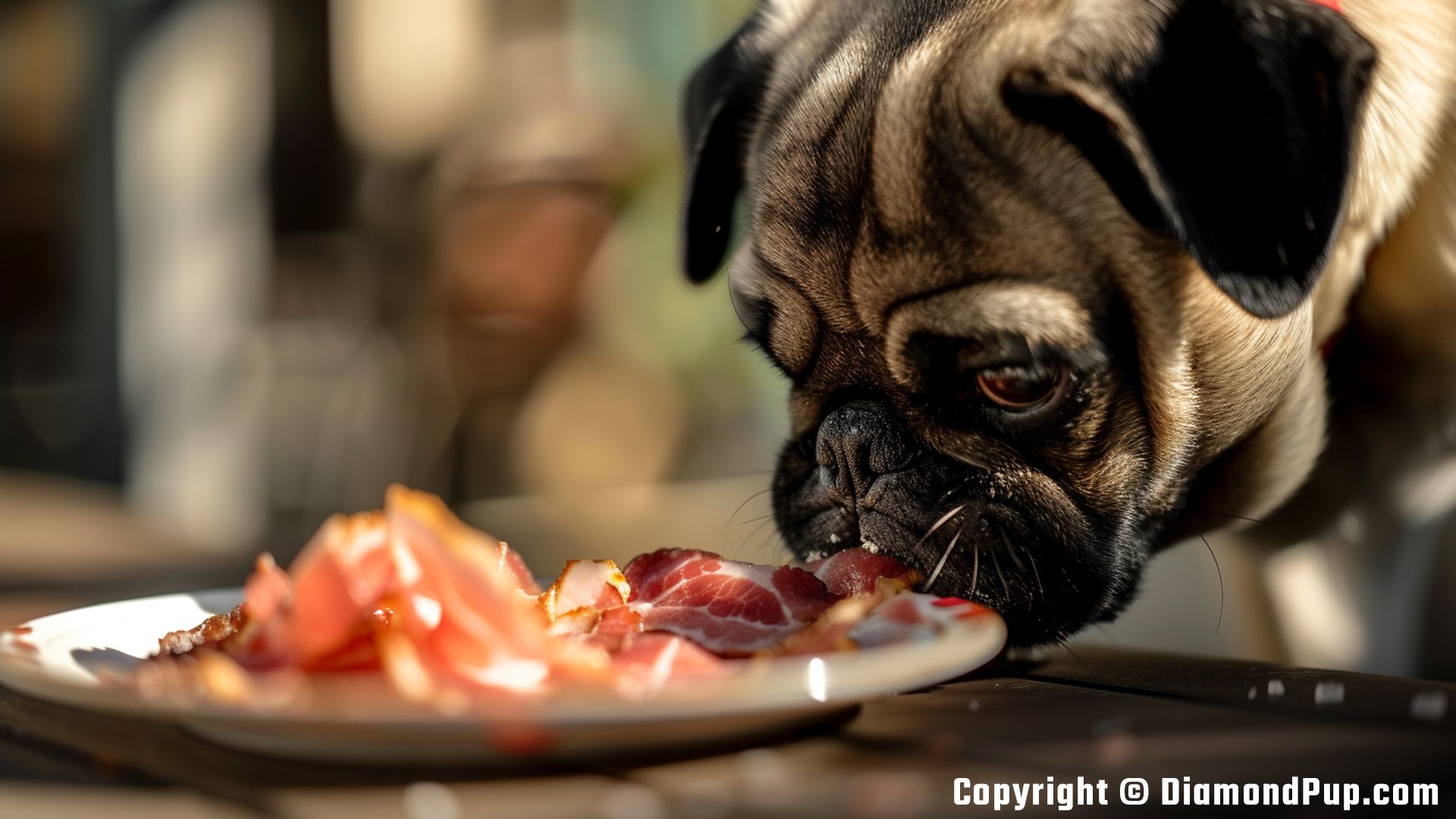 Photograph of an Adorable Pug Eating Bacon