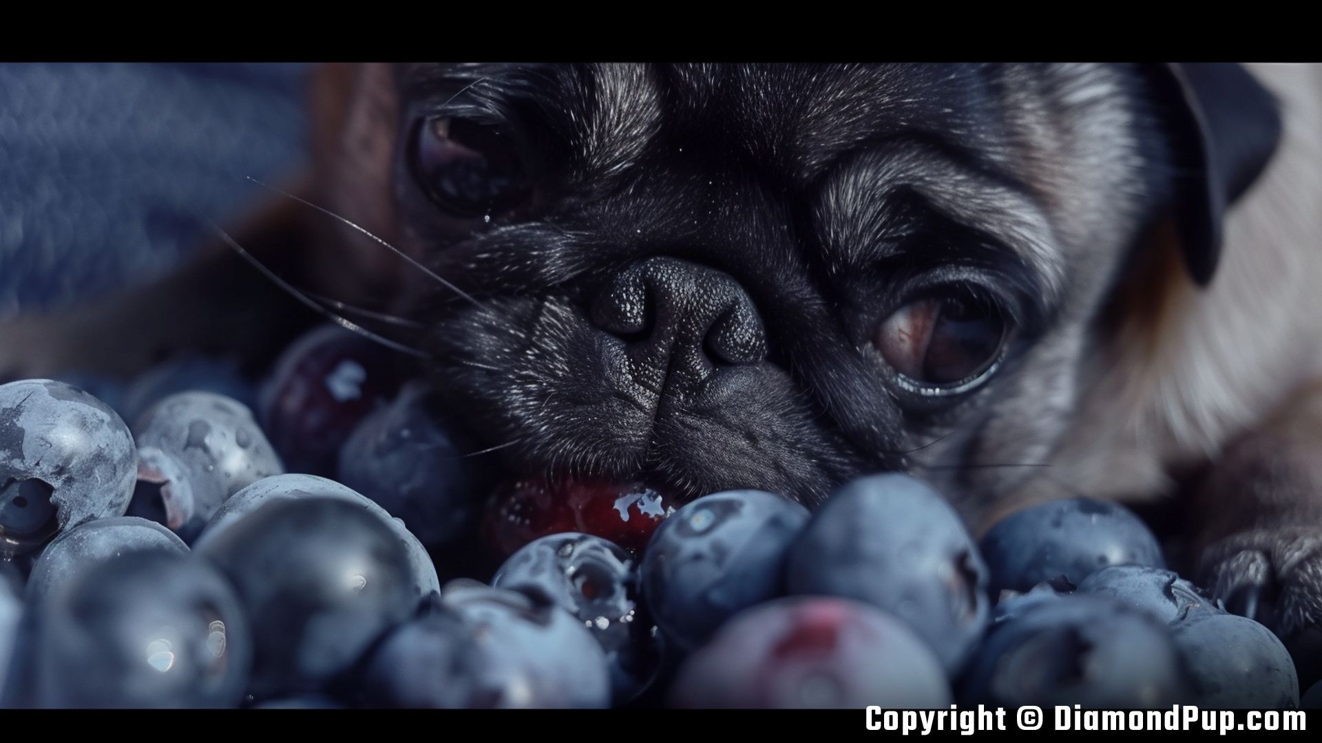Photograph of an Adorable Pug Eating Blueberries