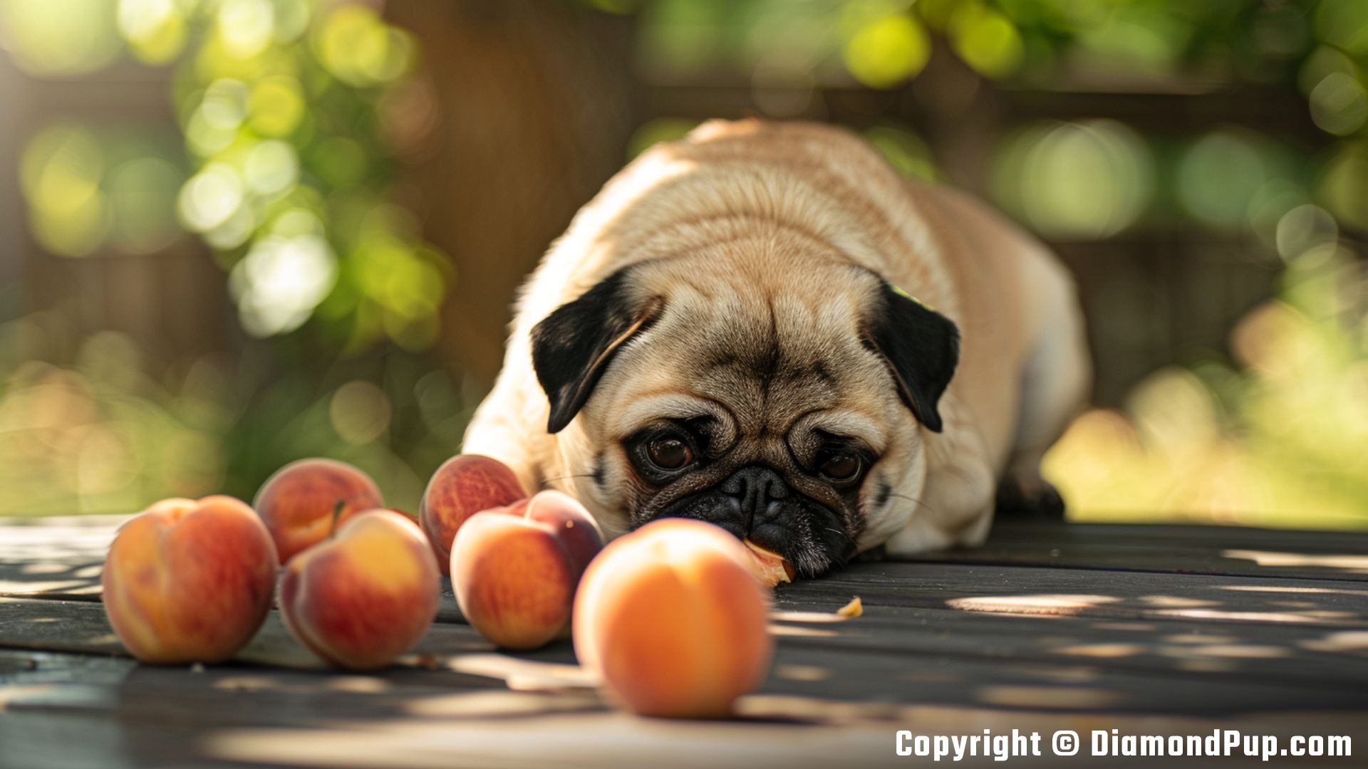 Photograph of an Adorable Pug Eating Peaches