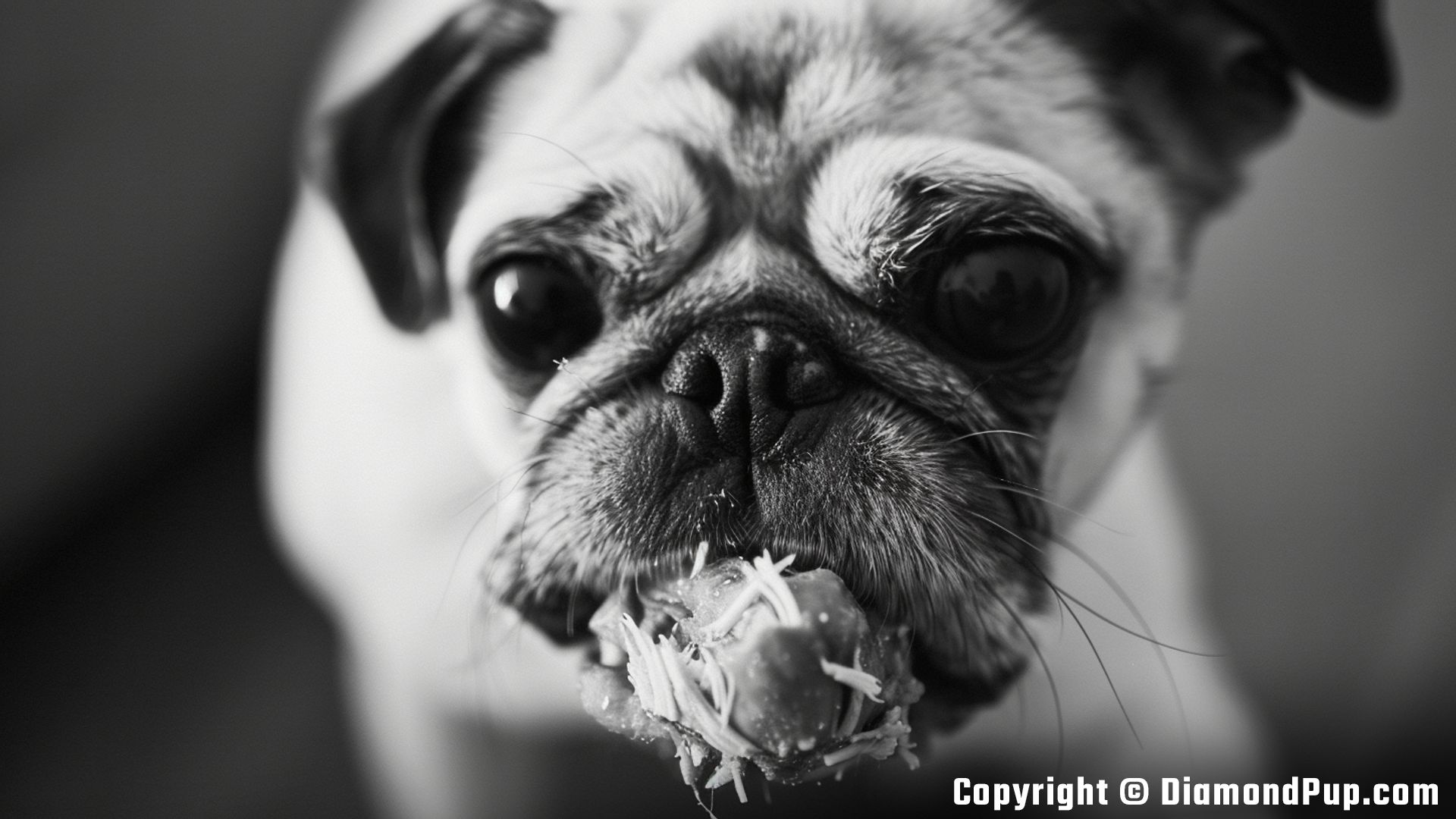 Photograph of an Adorable Pug Snacking on Chicken