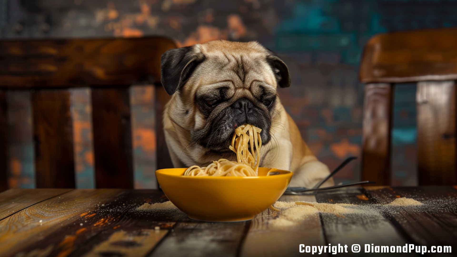 Photograph of an Adorable Pug Snacking on Pasta